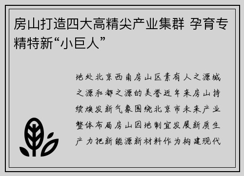 房山打造四大高精尖产业集群 孕育专精特新“小巨人”