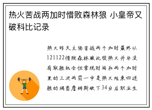热火苦战两加时惜败森林狼 小皇帝又破科比记录