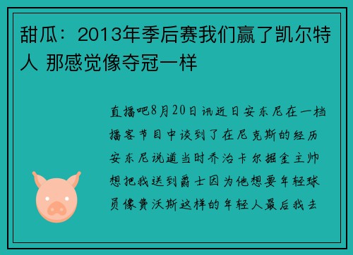 甜瓜：2013年季后赛我们赢了凯尔特人 那感觉像夺冠一样